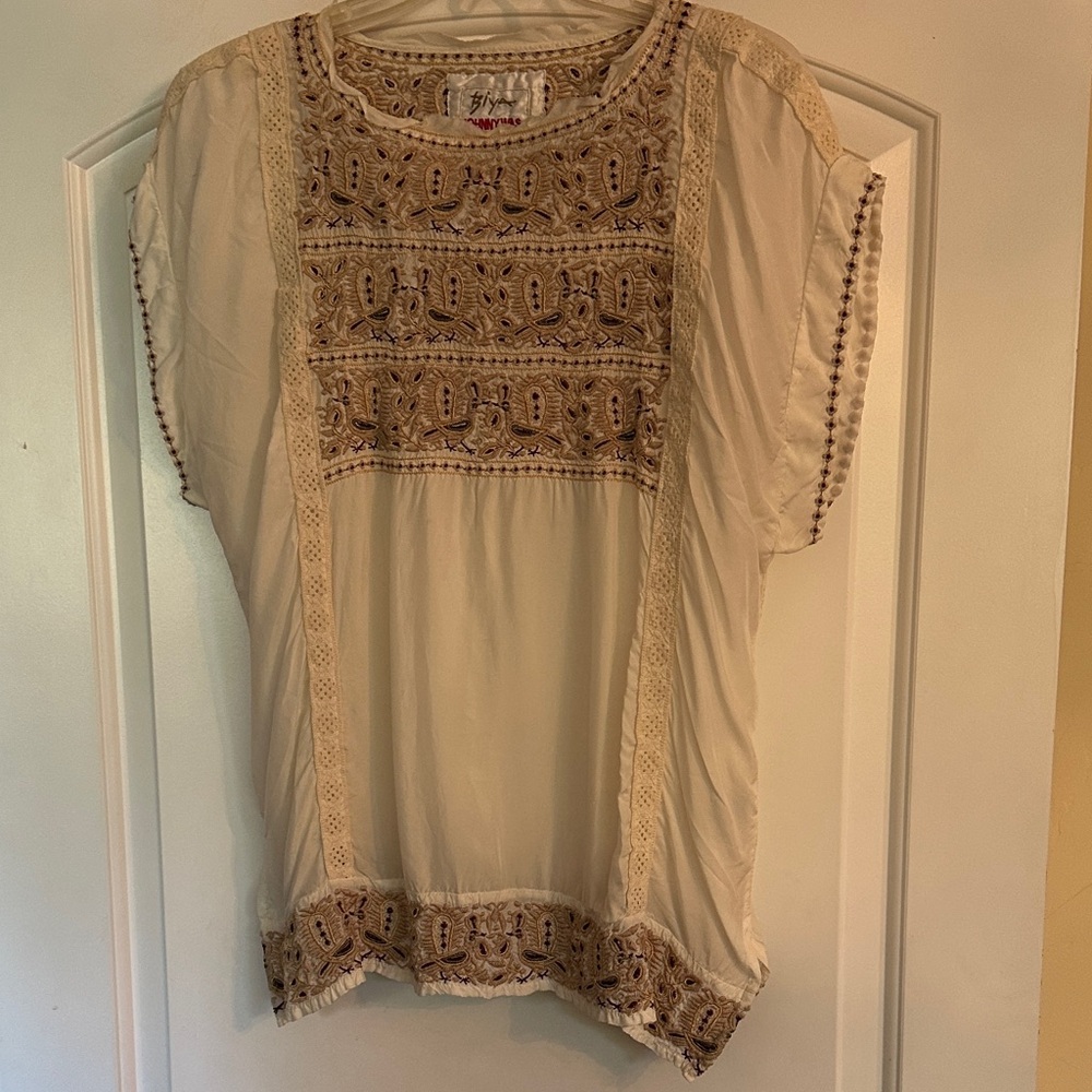 Johnny Was Cream and Brown Embroidered Blouse